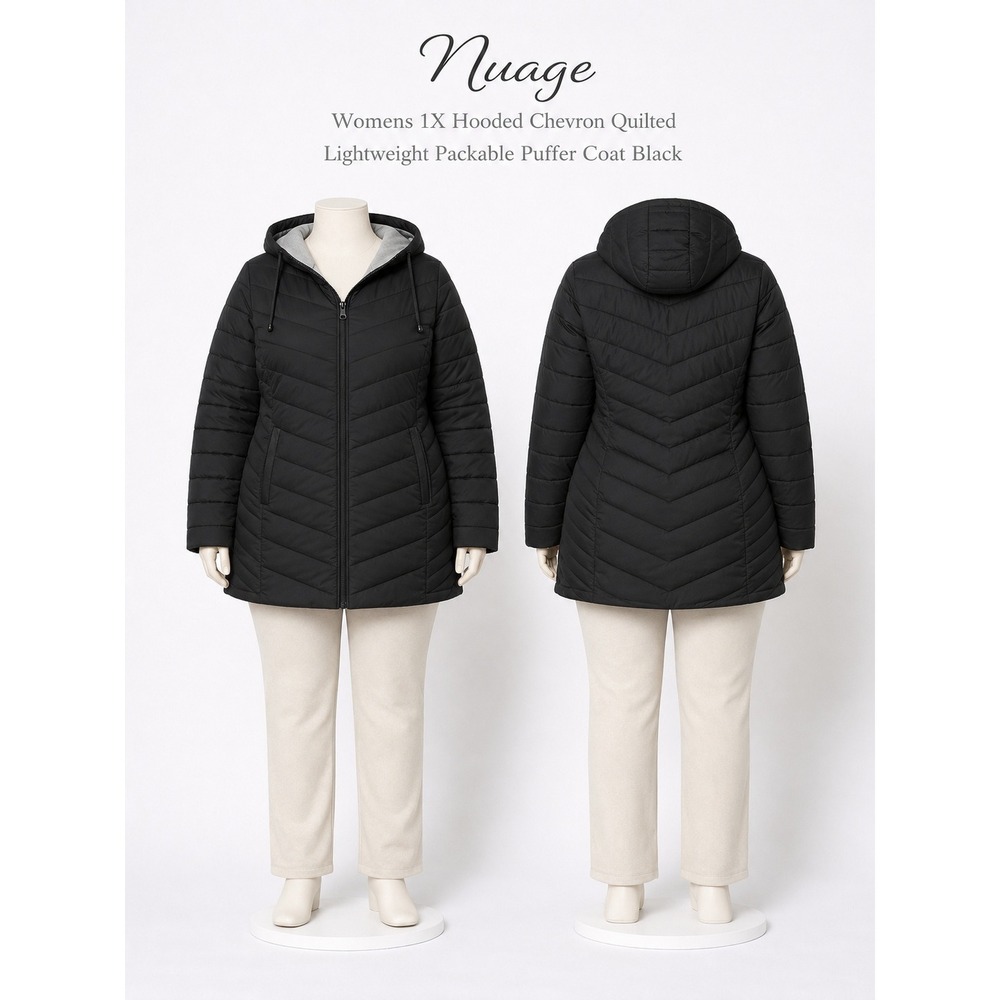 Nuage Womens 1X Hooded Chevron Quilted Lightweight Packable Puffer Coat Black